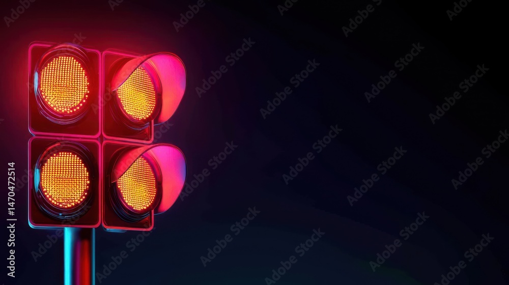 Poster illuminated traffic signal with red lights against a dark background
