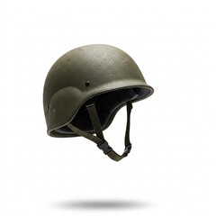 Fototapeta premium Olive green Kevlar SEPT2 T.P (Airborne) military helmet with chin strap falling, isolated on white
