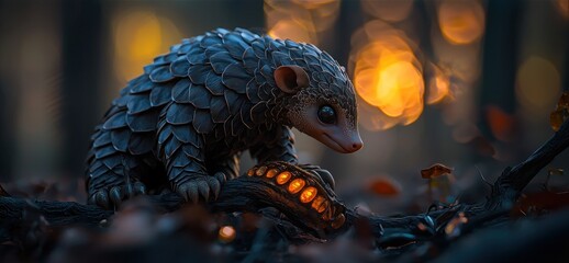 Obraz premium A small scaly pangolin resting on a darkened tree branch