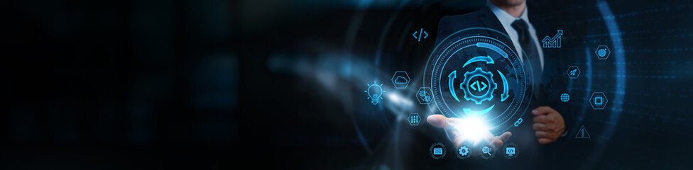 DevOps, businessman holding the seamless integration of software development and IT operations, business and collaborative automation network, continuous delivery pipeline.