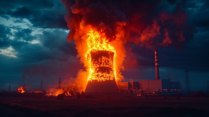 Fototapeta premium Detailed Image of a Nuclear Power Plant Cooling Tower on Fire at Dusk