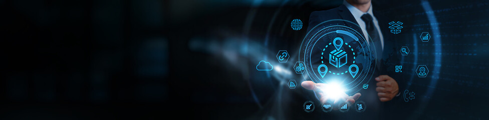 Distribution, businessman holding the virtual interface of global logistics operations, business...
