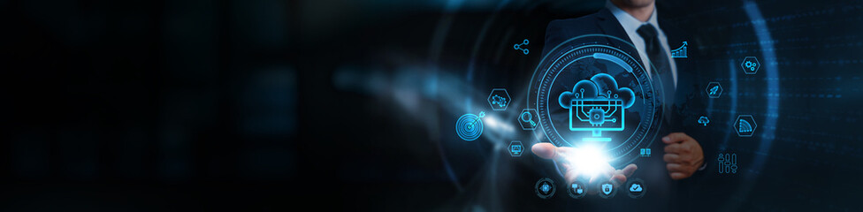 Edge Computing, businessman holding the virtual dashboard of real-time data processing, business...