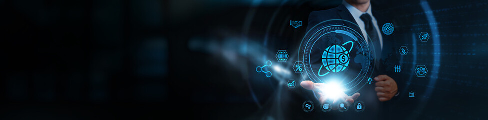 Global Business, businessman holding the digital interface of international markets, business strategies, and global communication networks. Economic growth, technological innovation