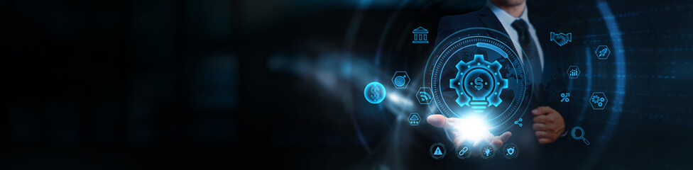 Finance technology, businessman holding the Financial icon, business and digital payment network,...