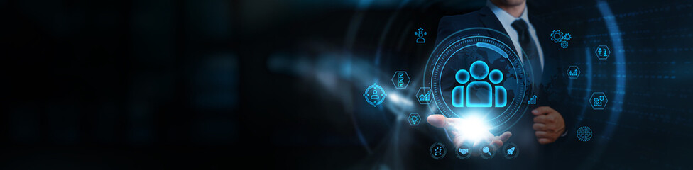 HR (Human Resources), businessman holding human resources interface icons, business and organizational development network, talent management solutions, workforce optimization strategies