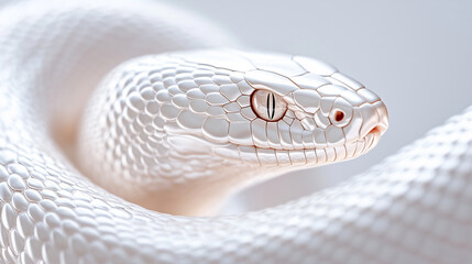 Fototapeta premium White snake coiled elegantly with intricate scales and striking red eyes, showcasing unique beauty and detail in close-up view