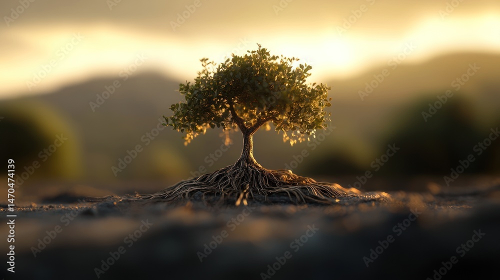 Poster a small tree with exposed roots stands in a landscape