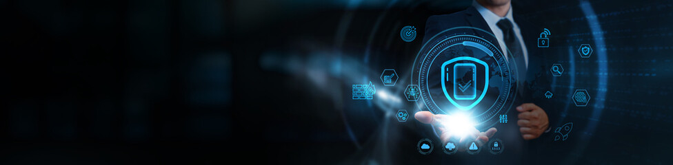 Mobile Security, businessman holding mobile data protection icons, business and secure...