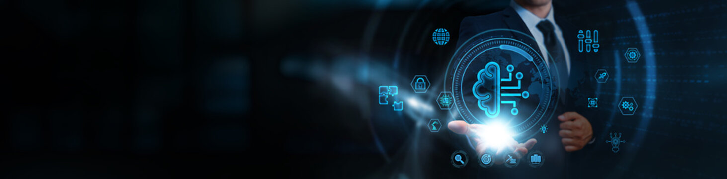 Machine Learning, businessman holding icons, business and intelligent automation network, real-time data processing systems, algorithm-driven decision platforms, adaptive learning technologies.