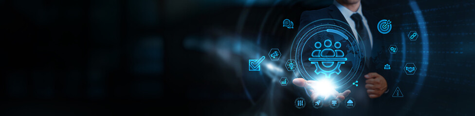 Project Management, businessman holding icons, business and workflow coordination network, project...