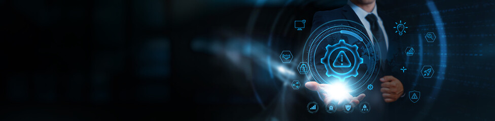 Risk Management, businessman holding icons, business and operational security network, financial...