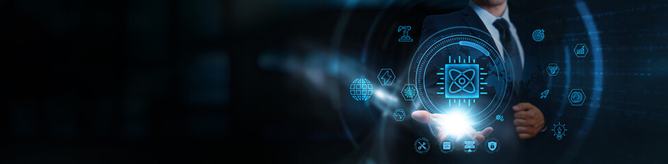 Quantum computing, businessman holding quantum processor interface icons, business and...