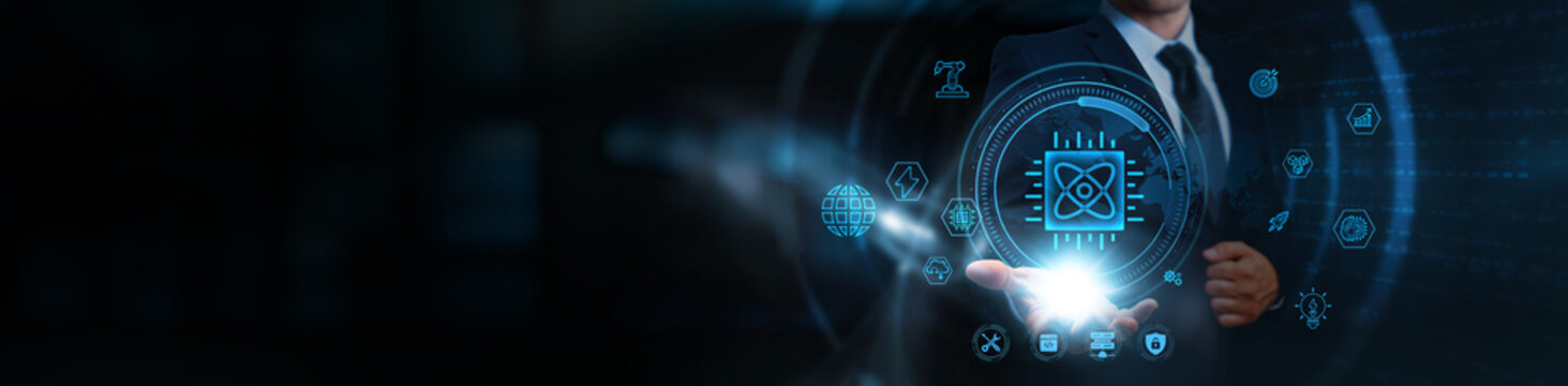 Quantum computing, businessman holding quantum processor interface icons, business and next-generation computational network, high-performance data analysis, cryptographic security solutions
