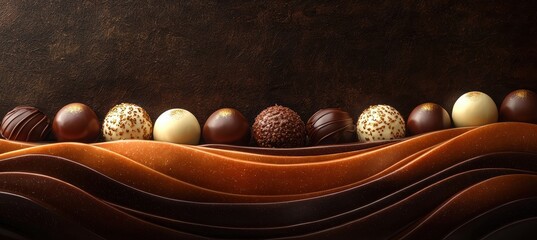 Gourmet chocolate bonbons displayed on smooth chocolate surface elegant textures