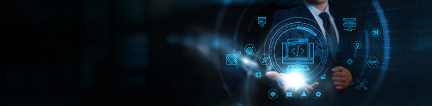 Web Development, businessman holding responsive design and coding framework icons, business and digital infrastructure network, front-end and back-end integration, user experience enhancement tools