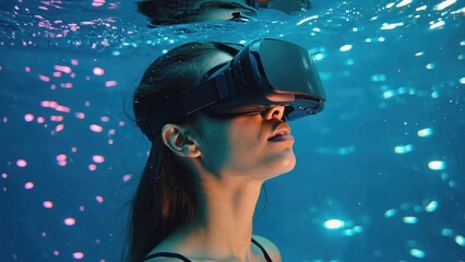 Woman wearing VR headset underwater