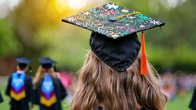 Graduate's decorated cap with inspiring quotes and artwork, close-up to show the creativity and personal expression