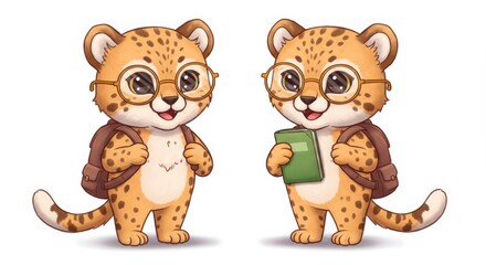 Obraz premium Cartoon Cheetah Scholars: A Tale of Learning and Adventure - Two adorable cheetah cubs, wearing glasses and backpacks, symbolize education, knowledge, curiosity, and the joy of learning. Perfect for c