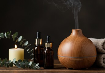 Aromatherapy diffuser with essential oils for relaxation and wellness, featuring candle and eucalyptus