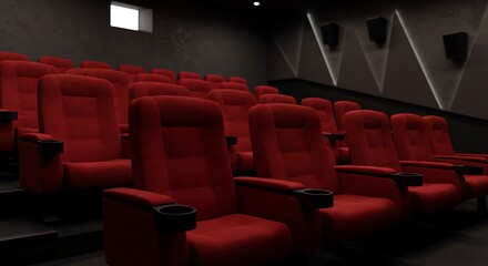 Empty Red Theater Seats in Dark Cinema Hall
