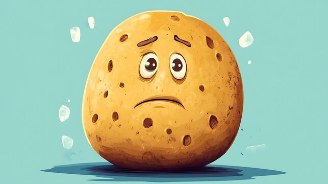 Cartoon potato with a concerned expression on light blue background