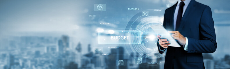 Businessman using tablet analyzing budget planning data and financial management network. Cost...