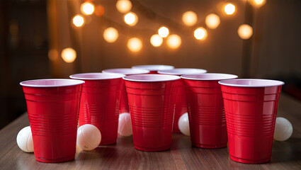 Colorful red party cups and white ping pong balls are set up on a wooden table, surrounded by softly glowing fairy lights, creating a festive atmosphere for a playful gathering