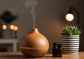 Aromatherapy diffuser releasing scented vapor for relaxation, with essential oil bottles and succulent plant