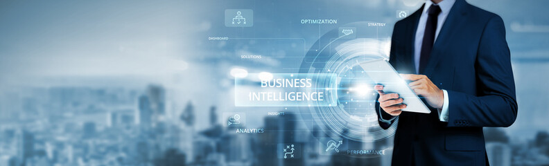 Business Intelligence, businessman using tablet analyzing real-time analytics data and enterprise decision-making network, data visualization tools, predictive analytics models, performance dashboards