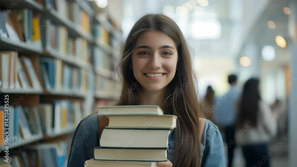 Poster a smiling young woman stands in a library, carrying a stack of books. the shelves in the background 