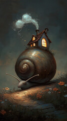 A giant, gentle snail with a translucent, iridescent shell that reflects all the colors of the rainbow. It carries a tiny, cozy house on its back, with glowing windows and a tiny chimney releasing 