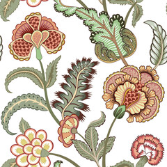 Indian flowers and leaves seamless pattern. Floral chintz wallpaper.