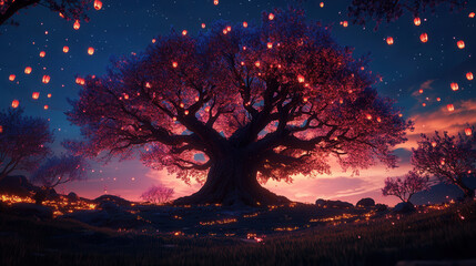 A massive ancient tree with glowing pink and blue lanterns hanging from its twisting branches, soft firefly lights surrounding it, magical atmosphere, cinematic  
