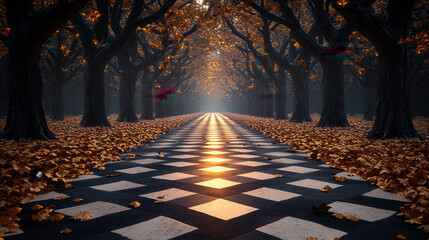 A surreal forest where trees grow in black-and-white checkerboard patterns, golden leaves floating mid-air, soft glowing mist in deep purple and navy hues, cinematic macro shot 