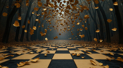 A surreal forest where trees grow in black-and-white checkerboard patterns, golden leaves floating mid-air, soft glowing mist in deep purple and navy hues, cinematic macro shot 
