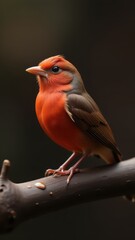 A vibrant orange bird with striking feather patterns perches on a branch against a dark background, showcasing its vivid plumage in fine detail