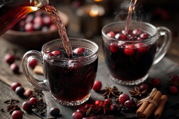 Fototapeta premium Delicious mulled cranberry wine being poured into glass mugs, perfect for a winter holiday gathering.