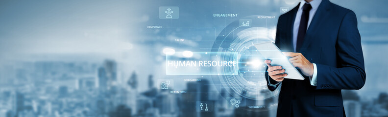 Human Resource, businessman using tablet analyzing employee performance data and workforce management network, talent acquisition metrics, HR analytics tools, organizational development insights.