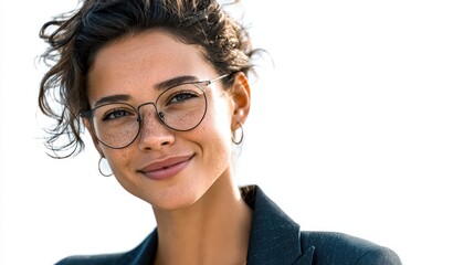 Obraz premium A businesswoman with glasses, smiling with confidence and grace, isolated on background
