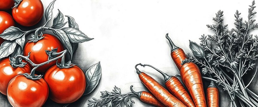 K&uuml;nstlerische Mischtechnik mit roten Tomaten, Karotten und Paprika &ndash; Kombination aus Zeichnung und realistischer Malerei.