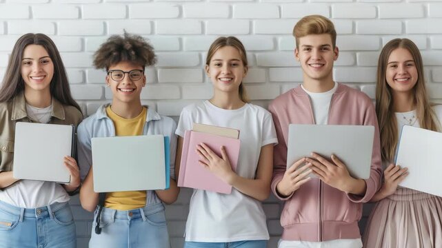 A row of five smiling students stand shoulder-to-shoulder against a textured white brick wall. They hold books and laptops, representing their studies and creating an image of teamwork.