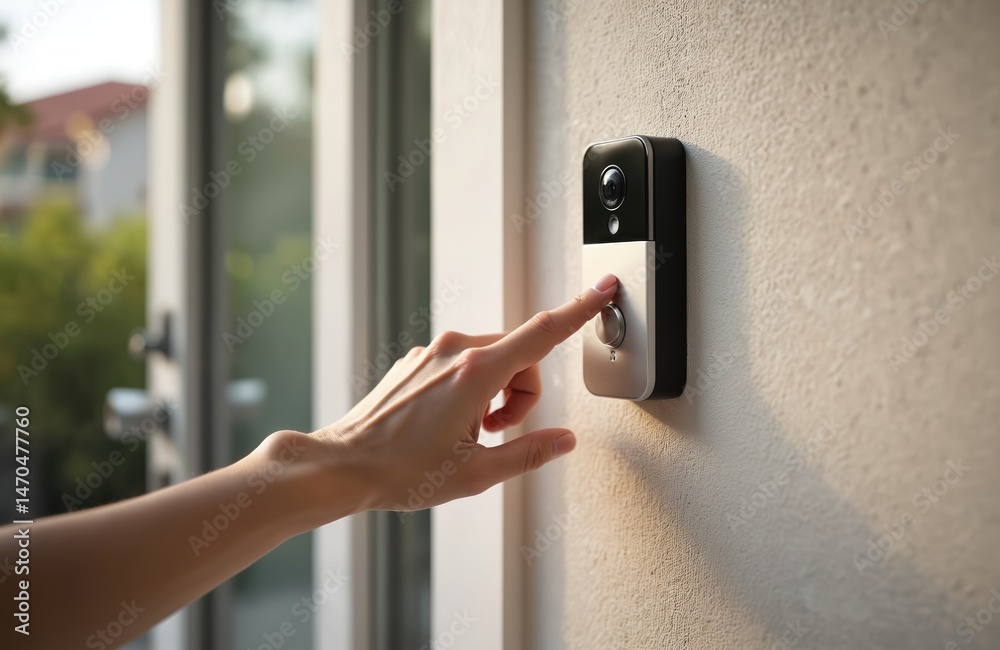 Aufkleber woman hand uses doorbell. modern smart home technology with security camera,. finger presses button 