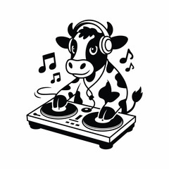 Cow DJ: A humorous illustration of a cow immersed in music. The cow, clad in headphones, playfully spins records on a turntable, surrounded by floating musical notes, and a symbol of enjoyment