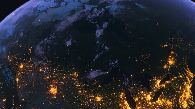 Planet Earth at Night. Canada Night Map. View from Space Orbit. Globe