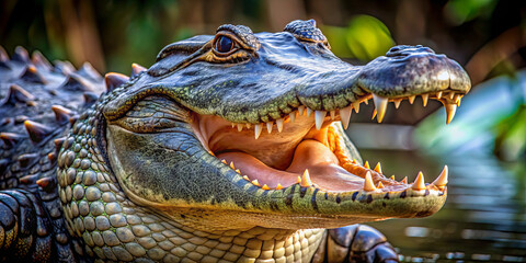 Fototapeta premium A large crocodilian basks near the water, displaying its impressive teeth and features under the warm sunlight, surrounded by greenery in a natural habitat