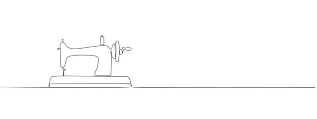 Tailoring tools for sewing garments in one continuous line. Sewing machine, threads in a simple linear style. Concept of needlework. National tailor's day. Vector editable illustration