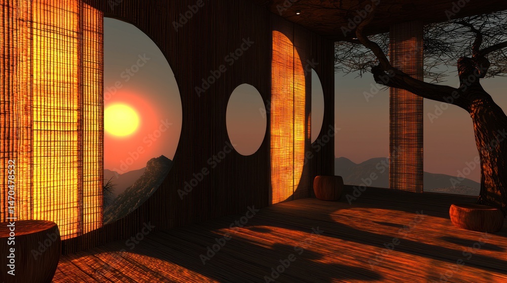 Poster interior space with sunset views through circular window frames