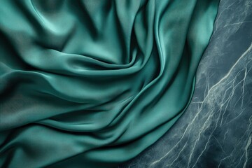 Obraz premium Draped teal silk fabric on a dark marble background, showcasing luxurious texture and elegant folds.