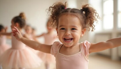 Joyful toddler girl dances in ballet class. Young child with cheerful expression, smiling during graceful performance. Happiness, energy, motion, fun, and active lifestyle captured in a bright room.